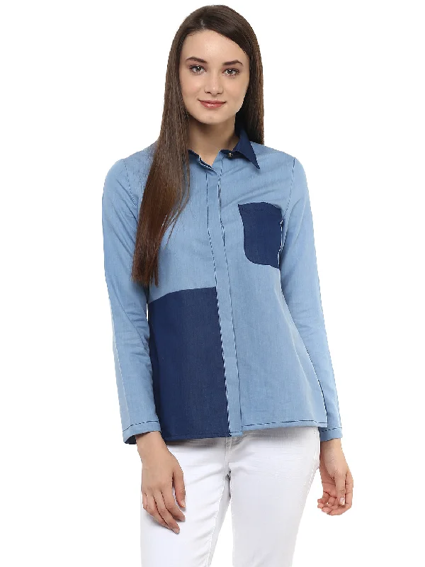 Casual Sports Style Casual Sports Style Women's Denim Light and Dark Blue Patch Shirt - StyleStone Casual Sports Style Casual Sports Style Women's Denim Light and Dark Blue Patch Shirt - StyleStone