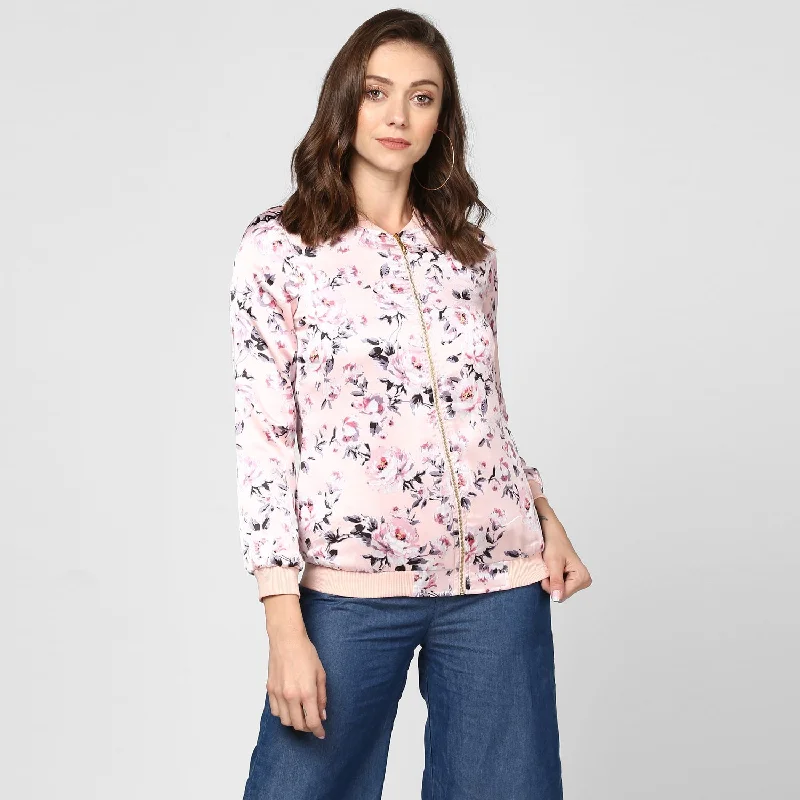 Simple Cotton Style Simple Cotton Style Women's Light Pink Floral Printed Jacket - StyleStone Simple Cotton Style Simple Cotton Style Women's Light Pink Floral Printed Jacket - StyleStone