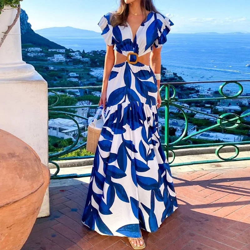 Simple Classic Style Simple Classic Style Leaf Print Hollow Butterfly Sleeve Maxi Dress Simple Classic Style Simple Classic Style Leaf Print Hollow Butterfly Sleeve Maxi Dress