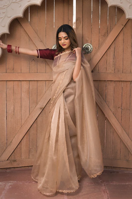 Elegant Temperament Elegant Temperament Women's GOLD BROWN ORGANZA SAREE - Pomcha Jaipur Elegant Temperament Elegant Temperament Women's GOLD BROWN ORGANZA SAREE - Pomcha Jaipur