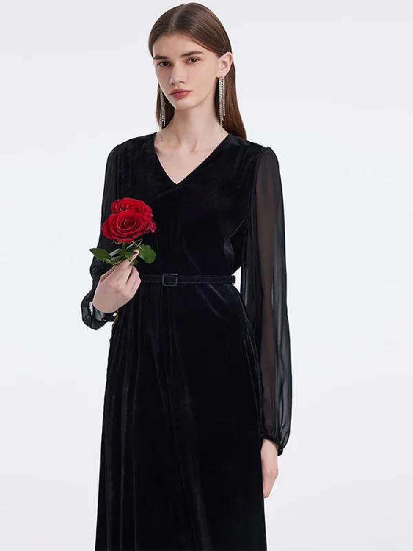 Elegant Long Skirt Style Elegant Long Skirt Style Silk Blend Patchwork V-Neck Women Midi Velvet Dress With Belt Elegant Long Skirt Style Elegant Long Skirt Style Silk Blend Patchwork V-Neck Women Midi Velvet Dress With Belt