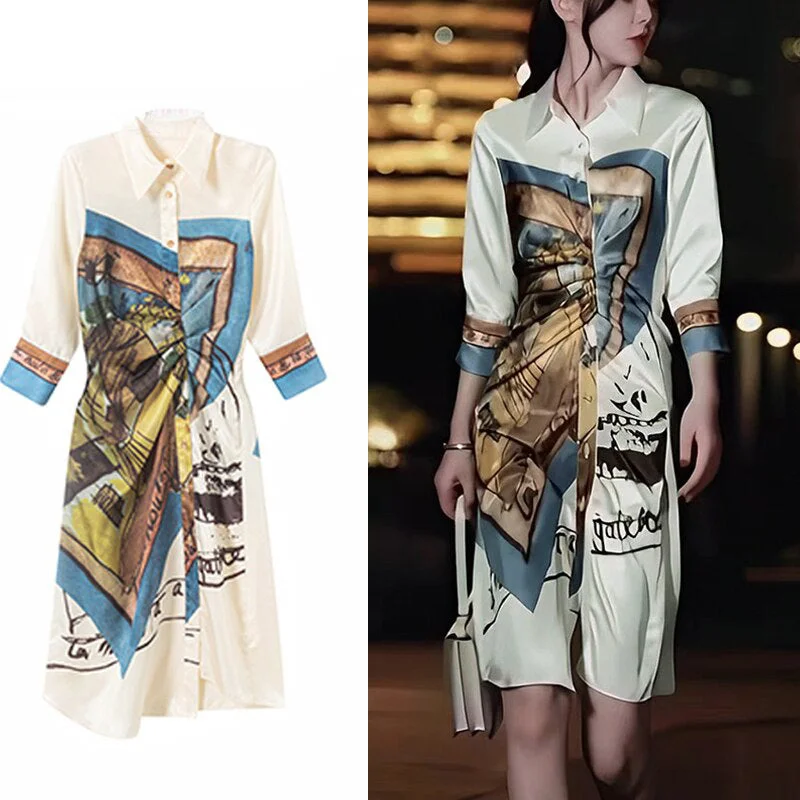 Romantic Off-Shoulder Style Romantic Off-Shoulder Style Printed Collared Neck Midi Shirt Dress
