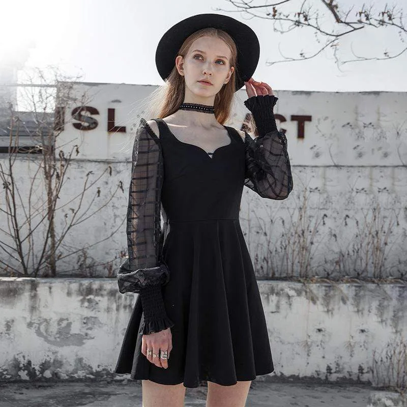 Elegant Feminine Style Elegant Feminine Style Women's Punk V-neck Puff Sleeved Chiffon Black Little Dresses Elegant Feminine Style Elegant Feminine Style Women's Punk V-neck Puff Sleeved Chiffon Black Little Dresses