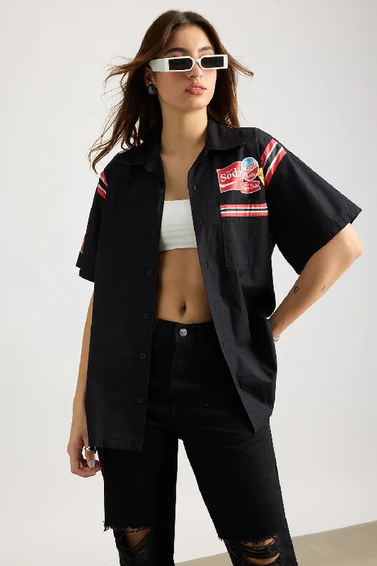 Romantic Exquisite Style Romantic Exquisite Style Cotton Poplin Women's Garage Shirt - Black With Sleeve Stripes Romantic Exquisite Style Romantic Exquisite Style Cotton Poplin Women's Garage Shirt - Black With Sleeve Stripes