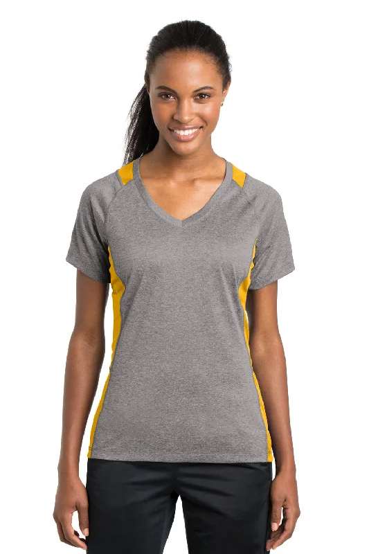 Elegant And Unique Charm Elegant And Unique Charm Sport-Tek Womens Contender Heather Moisture Wicking Short Sleeve V-Neck T-Shirt - Heather Vintage Grey/Gold - Closeout