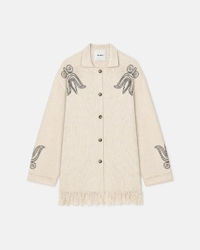 Retro Wear Trend Retro Wear Trend Dillian - Embroidered Textured-Linen Cardigan - Natural/Black Retro Wear Trend Retro Wear Trend Dillian - Embroidered Textured-Linen Cardigan - Natural/Black