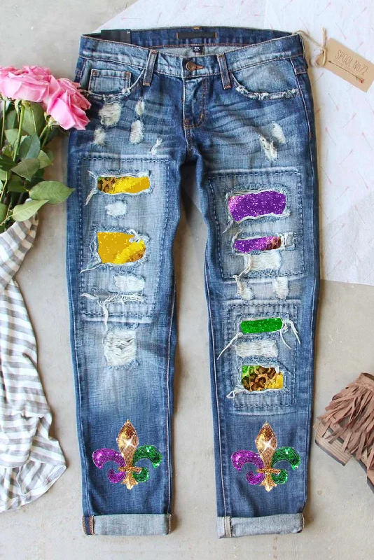 Cozy Wear Cozy Wear Sequin Distressed Straight Jeans