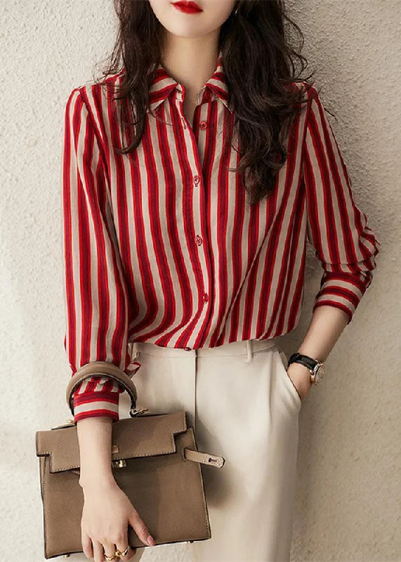 Casual Version Casual Version Simple Red Peter Pan Collar Striped Patchwork Chiffon Shirt Long Sleeve Casual Version Casual Version Simple Red Peter Pan Collar Striped Patchwork Chiffon Shirt Long Sleeve