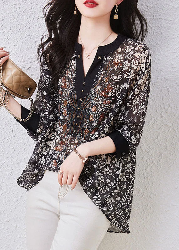 Casual Basic Style Casual Basic Style Art Black V Neck Print Patchwork Chiffon Shirts Top Long Sleeve Casual Basic Style Casual Basic Style Art Black V Neck Print Patchwork Chiffon Shirts Top Long Sleeve