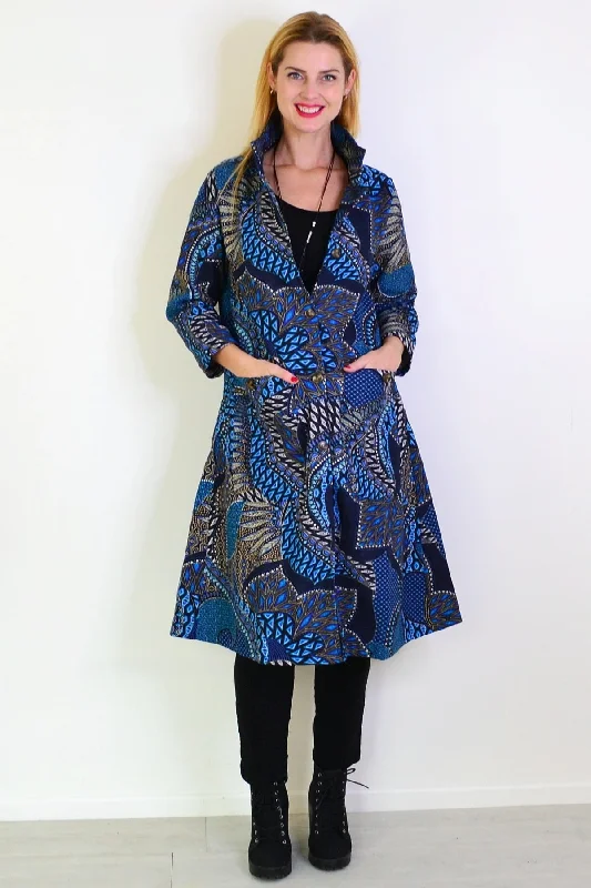 Casual Fashion Casual Fashion Long Blue Print Fleece Lined Jacket
