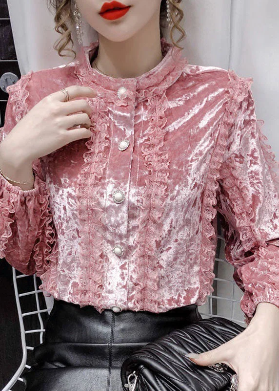 Personalized Layout Personalized Layout Pink Lace Patchwork Velour Blouses Stand Collar button Long sleeve Personalized Layout Personalized Layout Pink Lace Patchwork Velour Blouses Stand Collar button Long sleeve