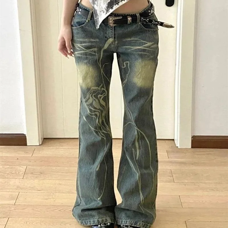 Personalized Printing Design Personalized Printing Design American Plus Size Retro Worn Looking Washed-out Slightly Flared Jeans Personalized Printing Design Personalized Printing Design American Plus Size Retro Worn Looking Washed-out Slightly Flared Jeans