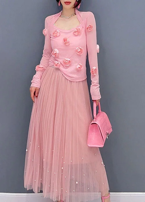 Simple Style Simple Style Fitted Pink Floral Patchwork Tulle Tops Long Sleeve