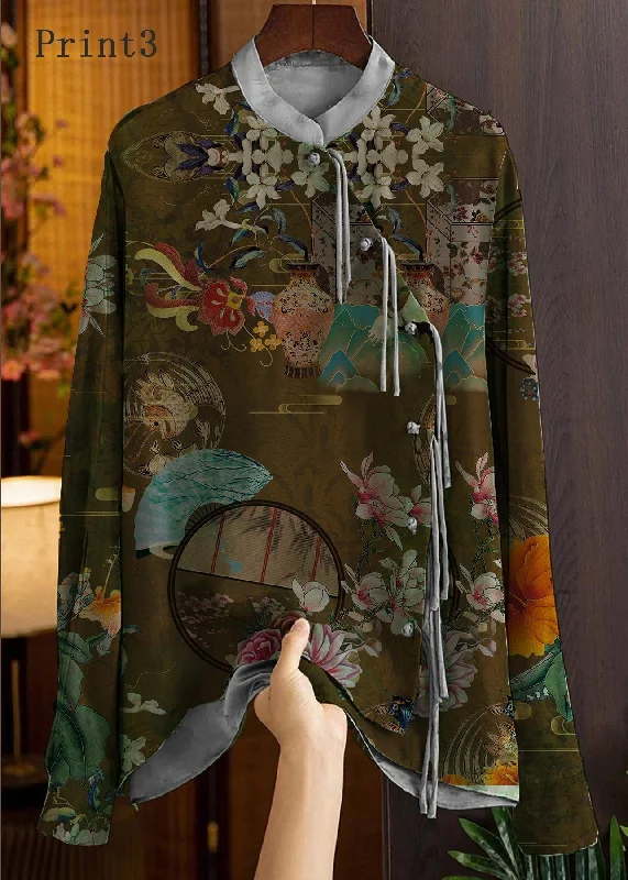 Effortless Vintage Look Effortless Vintage Look Beautiful Green-Print3 Mandarin Collar Button Print Silk Shirt Top Spring