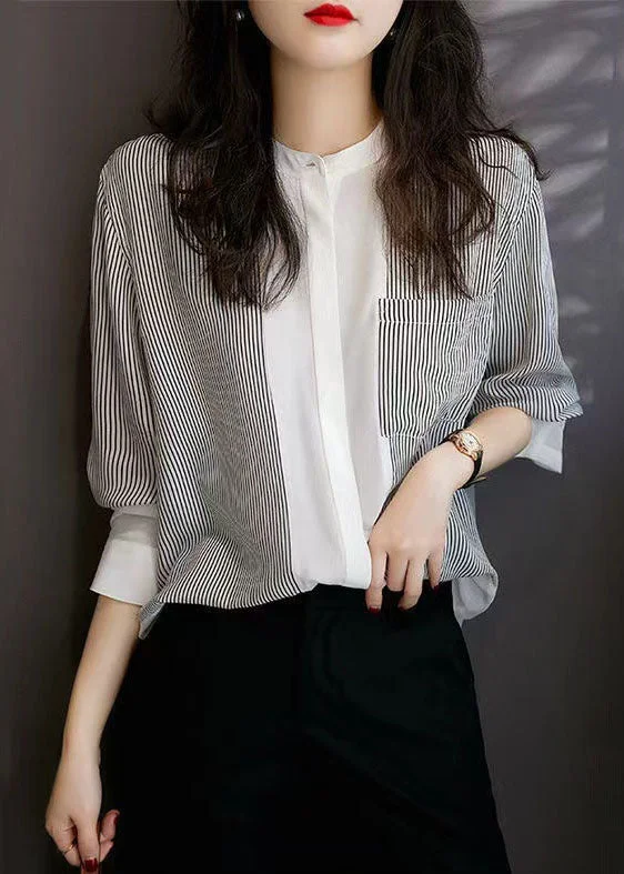 Casual Shopping Casual Shopping Italian Striped Stand Collar Patchwork Chiffon Shirt Top Spring Casual Shopping Casual Shopping Italian Striped Stand Collar Patchwork Chiffon Shirt Top Spring