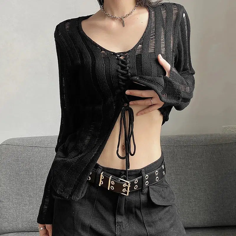 Personalized Three-Dimensional Design Personalized Three-Dimensional Design Y2K Grunge Sheer Lace Up Knitted Top
