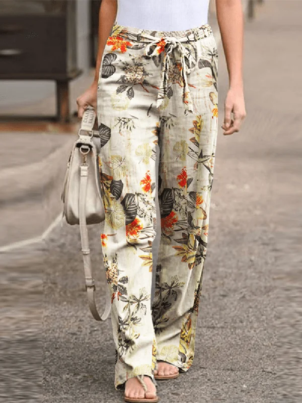 Simple And Color Simple And Color Women High Elastic Waist Floral Print Belted Side Pocket Vintage Pants Simple And Color Simple And Color Women High Elastic Waist Floral Print Belted Side Pocket Vintage Pants