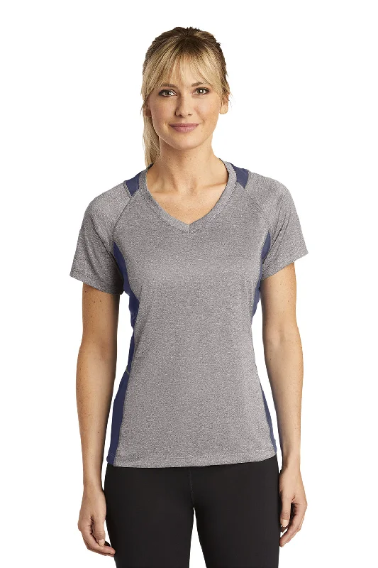 Elegant High Waist Style Elegant High Waist Style Sport-Tek Womens Contender Heather Moisture Wicking Short Sleeve V-Neck T-Shirt - Heather Vintage Grey/True Navy Blue - Closeout