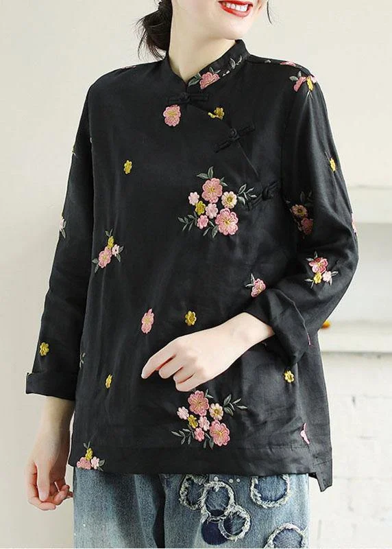 Simple Fashion Simple Fashion Plus Size Black Embroideried Stand Collar Button Fall Floral Long Sleeve Shirt Simple Fashion Simple Fashion Plus Size Black Embroideried Stand Collar Button Fall Floral Long Sleeve Shirt
