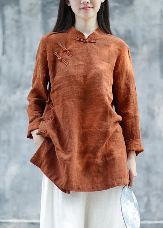 Casual Classic Design Casual Classic Design Plus Size Brown Button Linen Blouses Spring Casual Classic Design Casual Classic Design Plus Size Brown Button Linen Blouses Spring