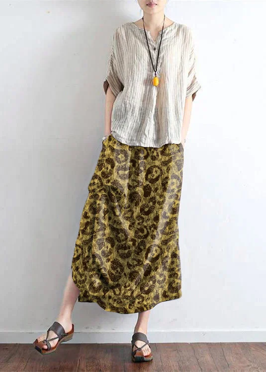 Personalized Art Style Personalized Art Style Yellow leopard oversized linen skirts asymmetrical design elastic waist long skirt Personalized Art Style Personalized Art Style Yellow leopard oversized linen skirts asymmetrical design elastic waist long skirt
