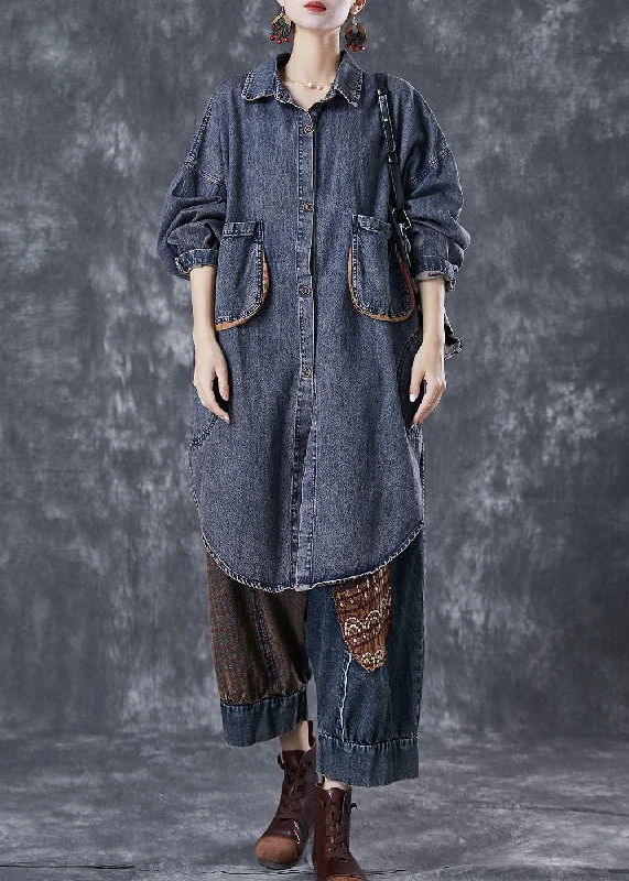 Personalized Embroidery Style Personalized Embroidery Style French Navy Oversized Pockets Denim Shirt Top Spring Personalized Embroidery Style Personalized Embroidery Style French Navy Oversized Pockets Denim Shirt Top Spring