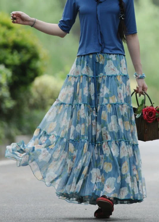 Casual Basic Style Casual Basic Style Women Blue Wrinkled Print Lace Up Exra Large Hem Silk Skirt Spring Casual Basic Style Casual Basic Style Women Blue Wrinkled Print Lace Up Exra Large Hem Silk Skirt Spring