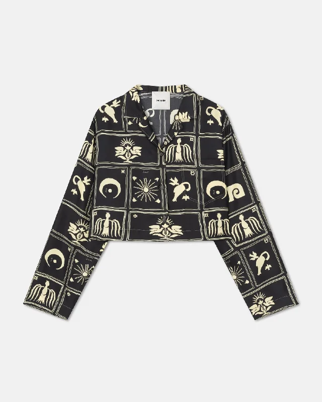 Casual Fashion Casual Fashion Vally - Cropped Printed Silk-Twill Shirt - Folk Art Black Casual Fashion Casual Fashion Vally - Cropped Printed Silk-Twill Shirt - Folk Art Black