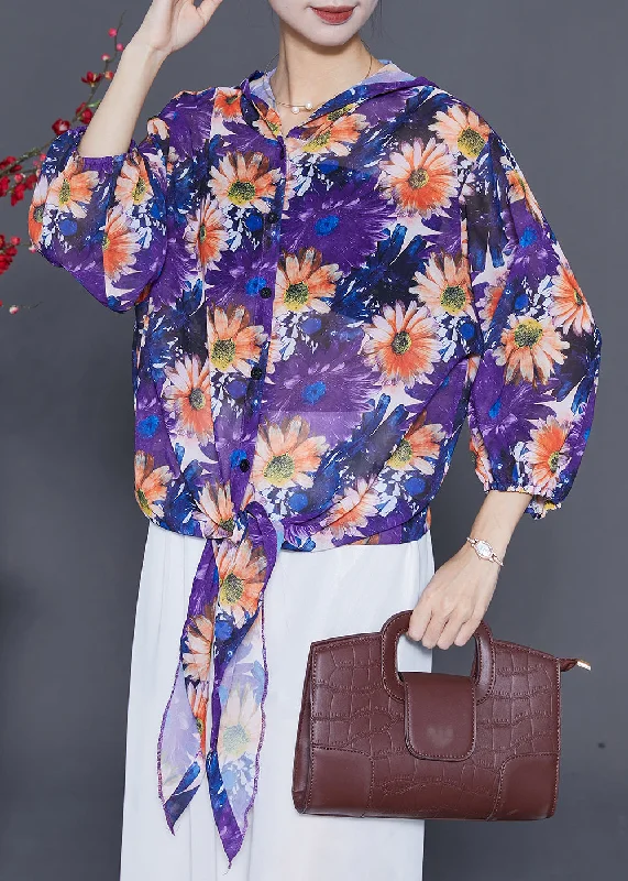Simple Fashion Simple Fashion Purple Floral Chiffon UPF 50+ Shirt Top Hooded Summer