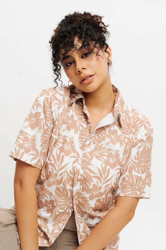 Elegant Temperament Elegant Temperament Beige Tropical Print Shirt