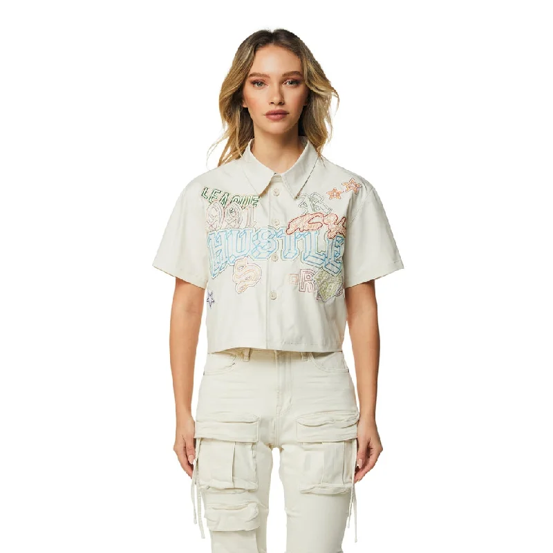 Romantic Floral Design Romantic Floral Design Embroidery Button Down Shirt - Ecru