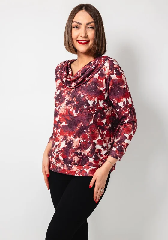Casual Fit Style Casual Fit Style Leon Collection Blurred Floral Cowl Neck Top, Wine Casual Fit Style Casual Fit Style Leon Collection Blurred Floral Cowl Neck Top, Wine
