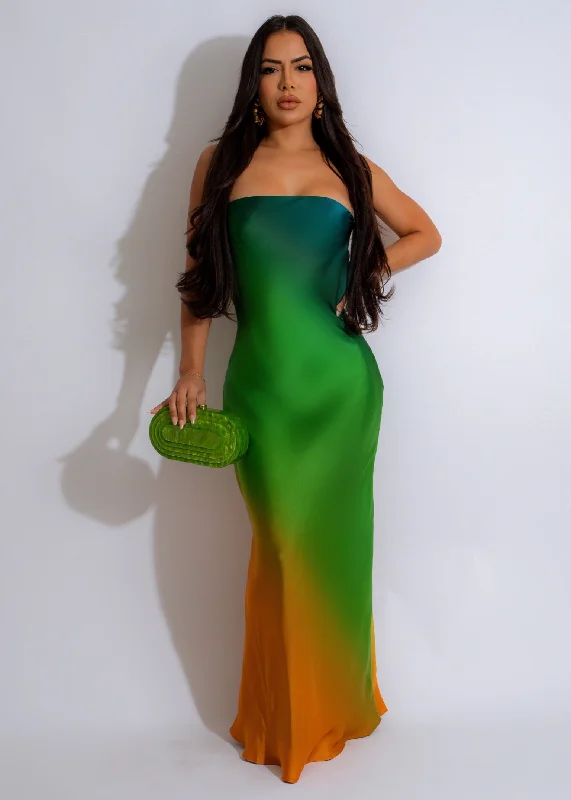 Elegant High Waist Style Elegant High Waist Style Tropical Sunset Maxi Dress Green