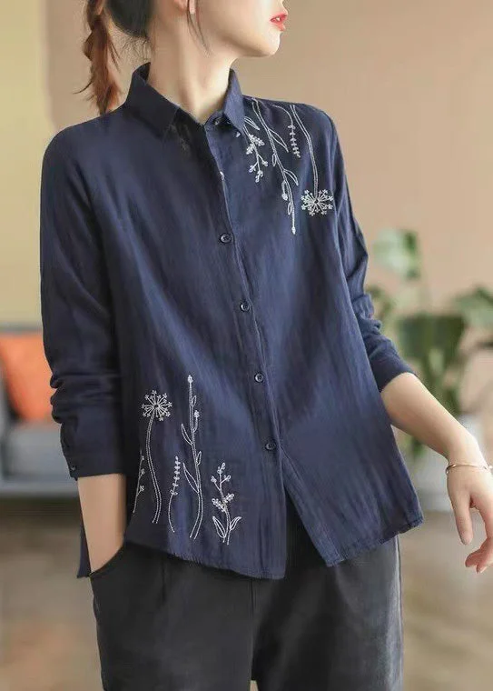 Personalized Three-Dimensional Design Personalized Three-Dimensional Design Navy Blue Embroideried Floral Cotton Shirt Spring Personalized Three-Dimensional Design Personalized Three-Dimensional Design Navy Blue Embroideried Floral Cotton Shirt Spring