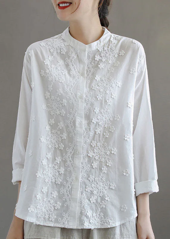 Casual Summer Style Casual Summer Style Simple White Stand Collar Embroideried Patchwork Cotton Blouses Long Sleeve Casual Summer Style Casual Summer Style Simple White Stand Collar Embroideried Patchwork Cotton Blouses Long Sleeve