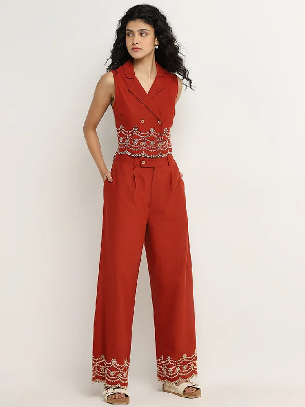 Romantic Tenderness Romantic Tenderness Bombay Paisley Red Schiffli Design High-Rise Cotton Pants Romantic Tenderness Romantic Tenderness Bombay Paisley Red Schiffli Design High-Rise Cotton Pants