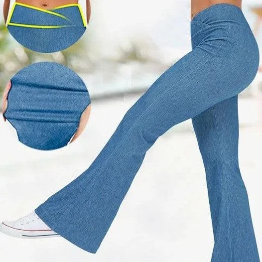Personalized Layout Personalized Layout Solid Color High Waist Cross Stretch Denim Casual Sports Bell-bottom Pants