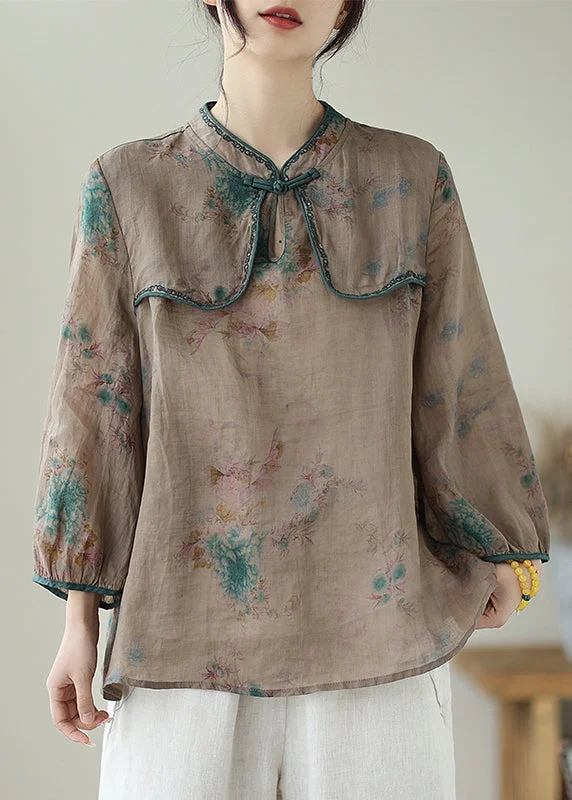 Street Casual Chic Street Casual Chic Fine Chocolate Embroideried Print Chinese Button Linen Top Summer Street Casual Chic Street Casual Chic Fine Chocolate Embroideried Print Chinese Button Linen Top Summer
