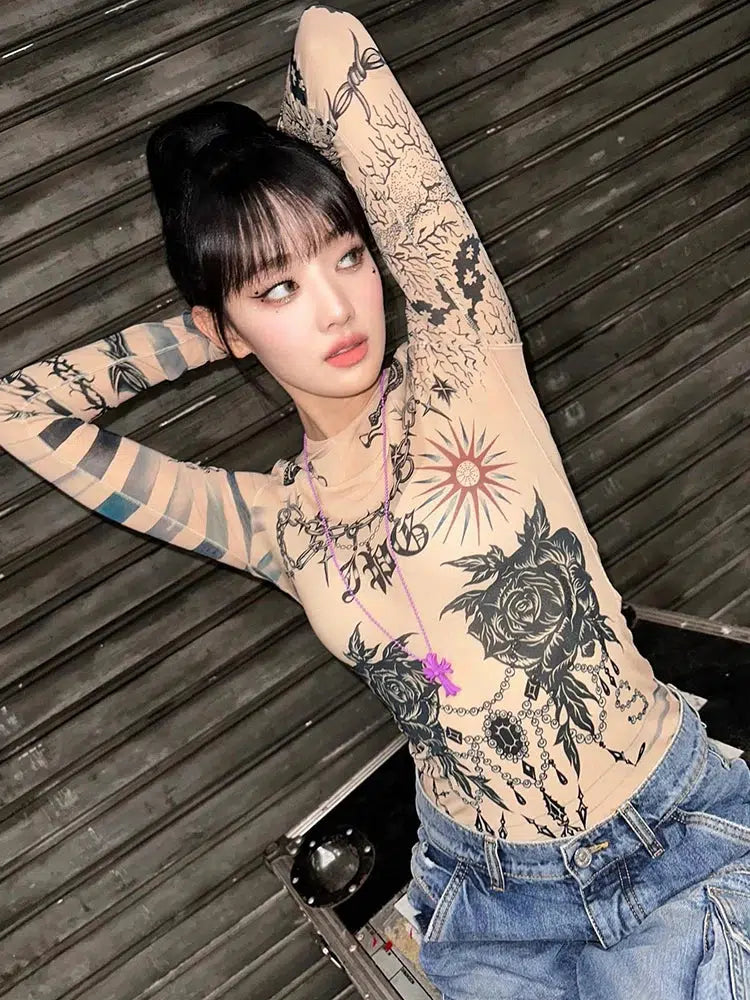 Simple Fashion Simple Fashion Baddie Mesh Tattoo Top