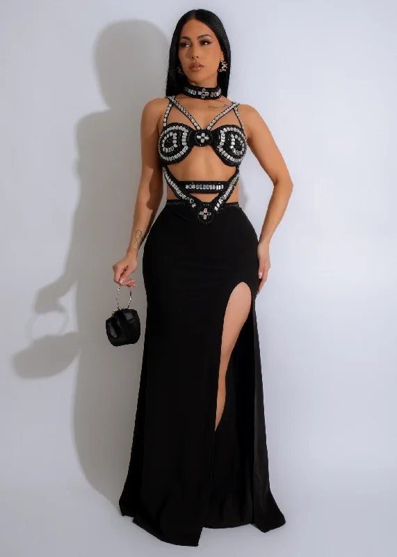 Elegant And Generous Elegant And Generous Noir Glamour Rhinestones Maxi Dress Black