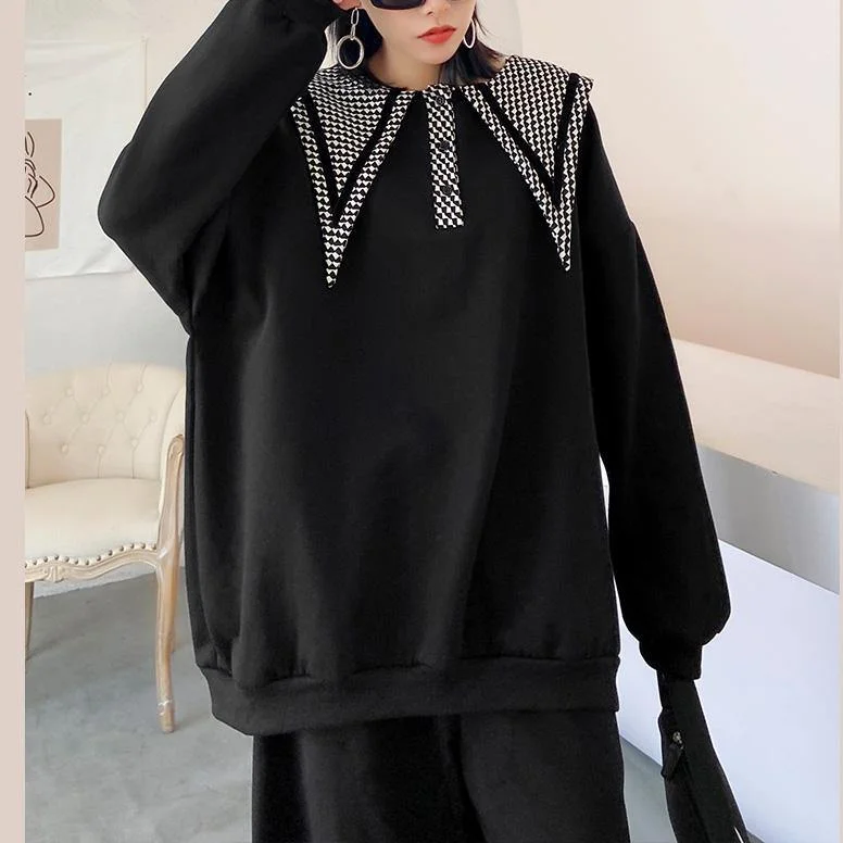 Simple Versatile Style Simple Versatile Style Simple black top Sailor Collar Button Down Art tops