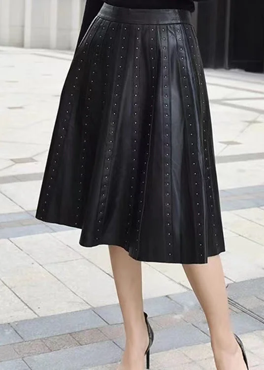 Simple And Generous Style Simple And Generous Style Chic Black Wrinkled Rivet High Waist Sheepskin Skirts Spring Simple And Generous Style Simple And Generous Style Chic Black Wrinkled Rivet High Waist Sheepskin Skirts Spring