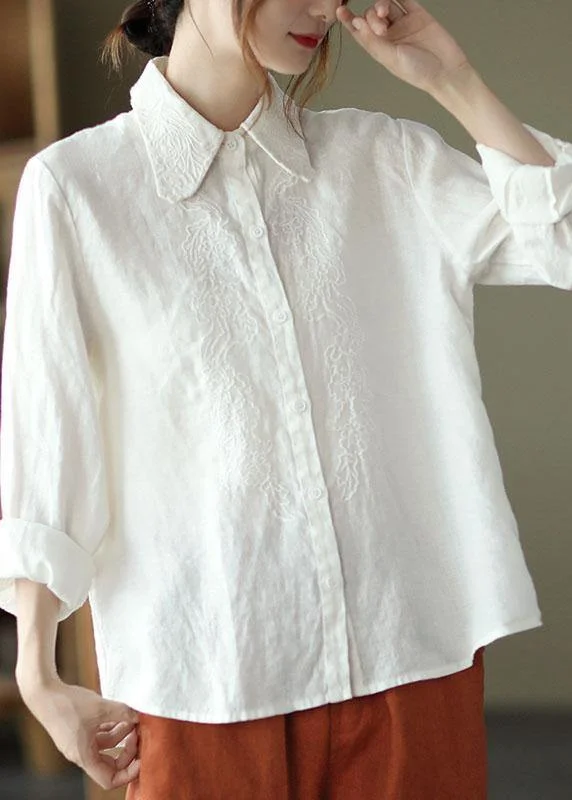 Elegant And Unique Design Elegant And Unique Design Organic White Loose Embroideried Fall Linen Long Sleeve Blouse Tops Elegant And Unique Design Elegant And Unique Design Organic White Loose Embroideried Fall Linen Long Sleeve Blouse Tops