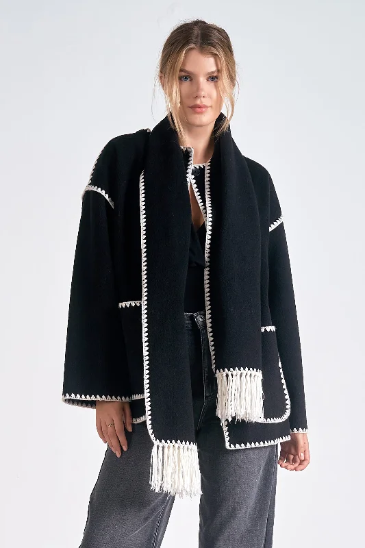 Retro Wear Trend Retro Wear Trend Carrie Contrast Scarf Jacket- Black