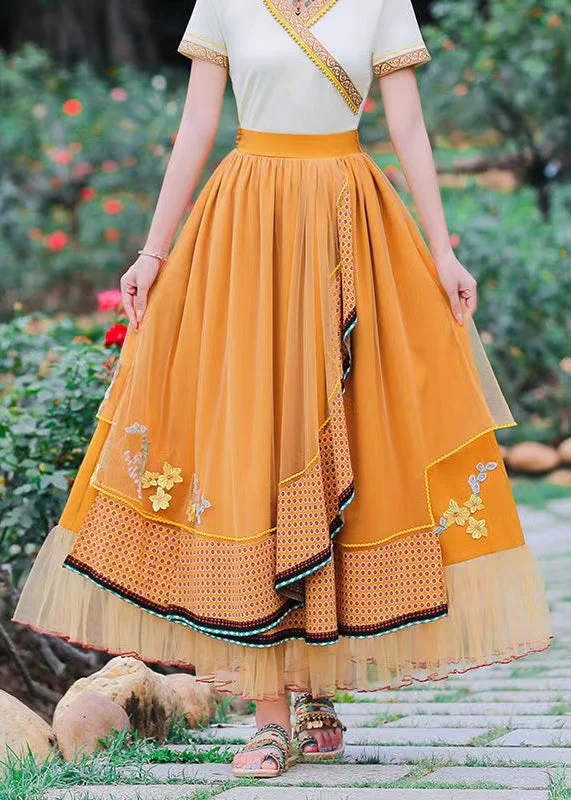 Line Style Line Style Bohemian Yellow Asymmetrical Patchwork Tulle Skirts Spring