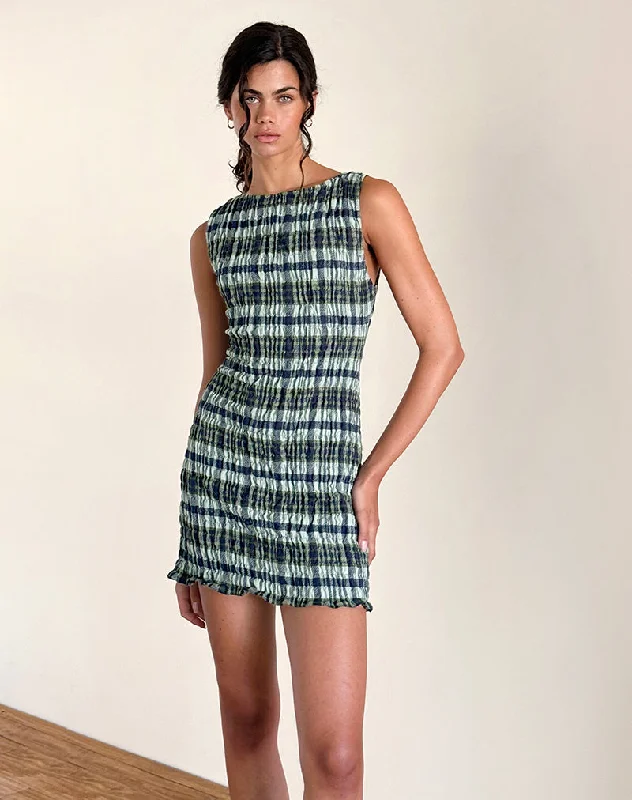Casual Simple Style Casual Simple Style Takayi Mini Dress in Linen Mono Check Green