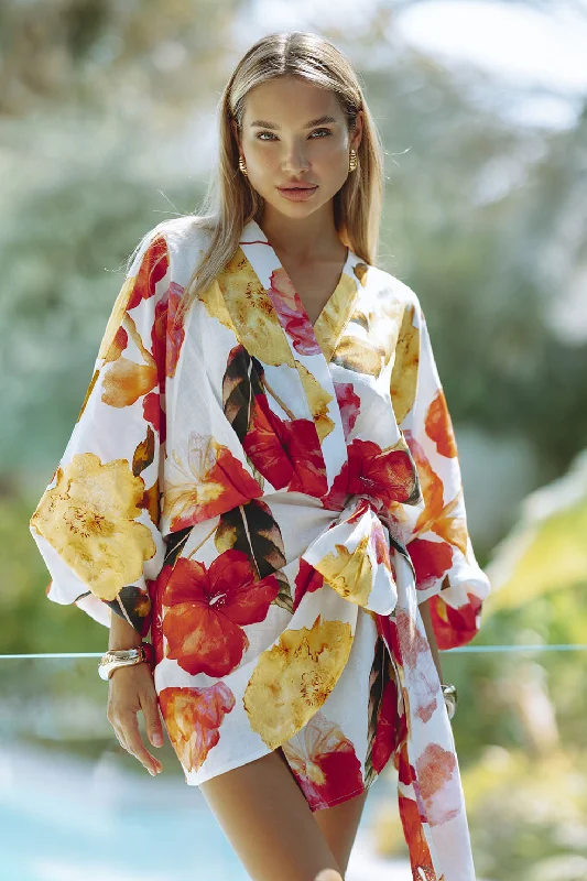 Simple Style Simple Style ROMARA LINEN DRESS - FLORAL/ORANGE