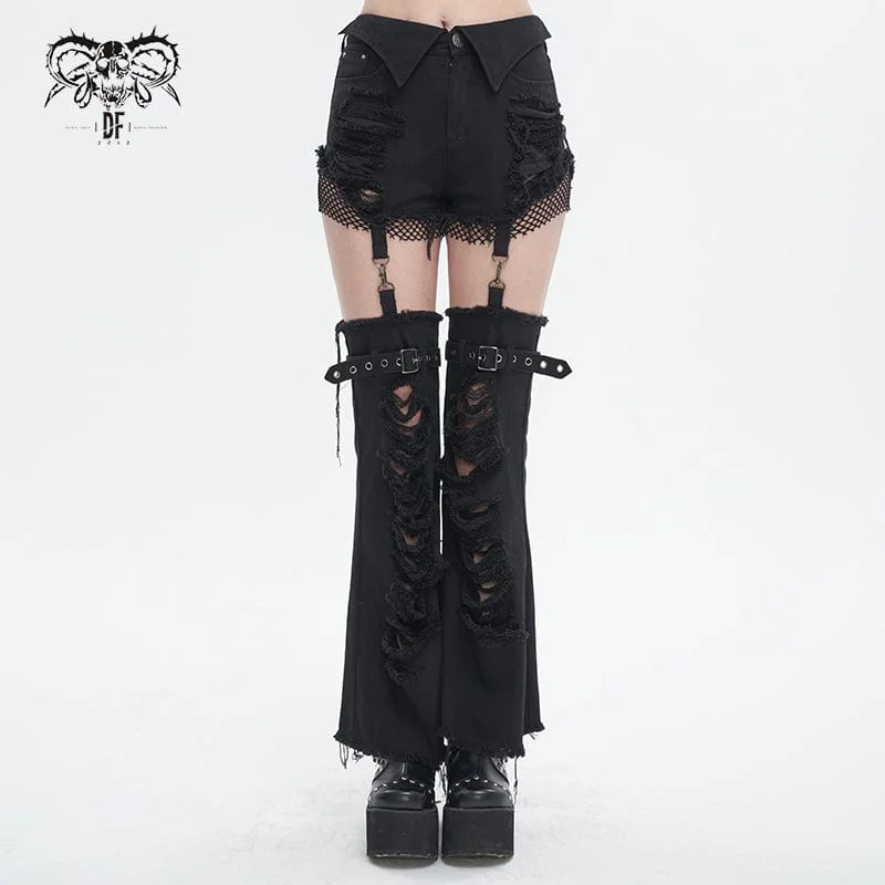 Casual Cartoon Style Casual Cartoon Style Women's Punk Detachable Mesh Splice Ripped Pants Casual Cartoon Style Casual Cartoon Style Women's Punk Detachable Mesh Splice Ripped Pants