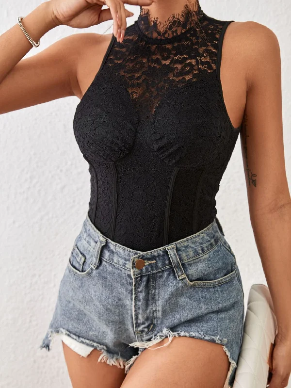 Casual Casual Style Casual Casual Style Mock Neck Sleeveless Lace Bodysuit