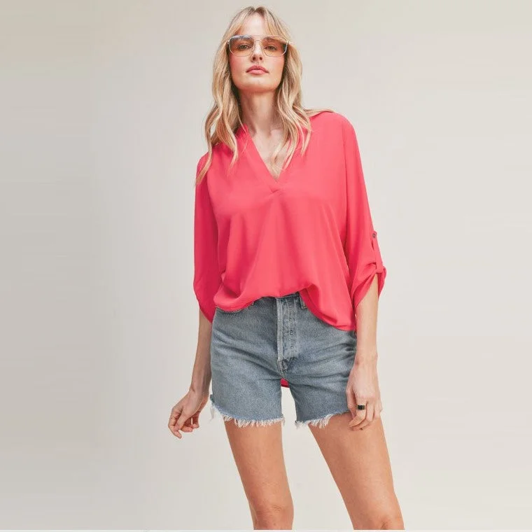 Romantic Chiffon Style Romantic Chiffon Style V-Neck Blouse (Bold Pink)